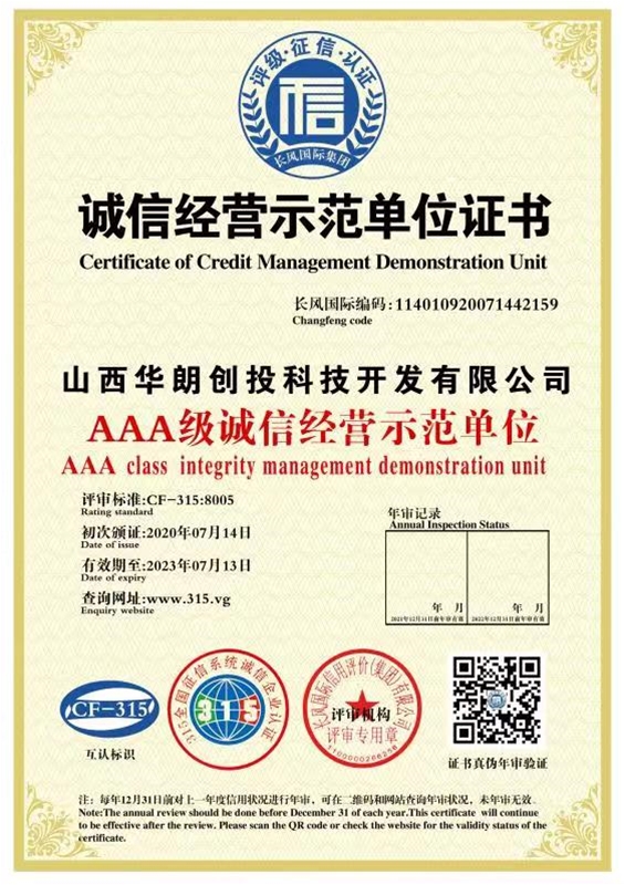 诚信经营示范单位证书